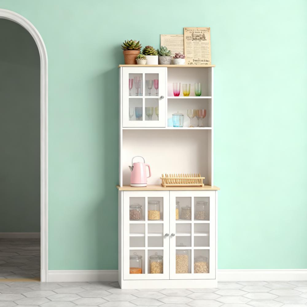 Anthony & Home signature glass doors kitchen pantry cabinet with hutch and adjustable shelves, freestanding storage unit.