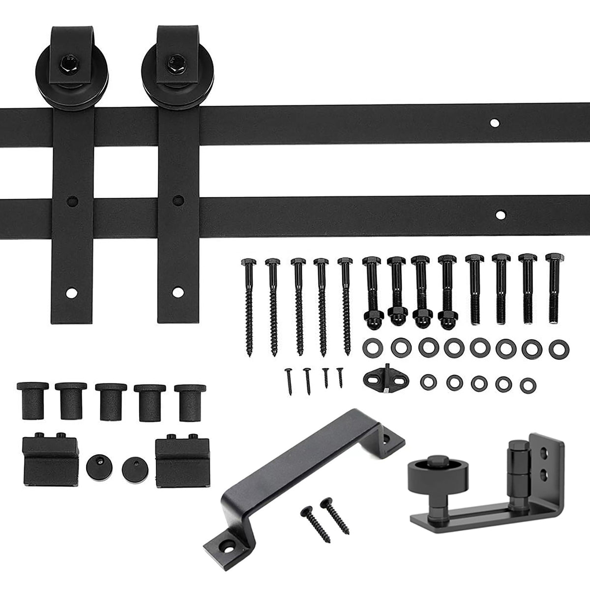 Anthony & Home J-Shape barn door hangers with floor guide and wall-mount rollers for 24-36 inch sliding barn doors.