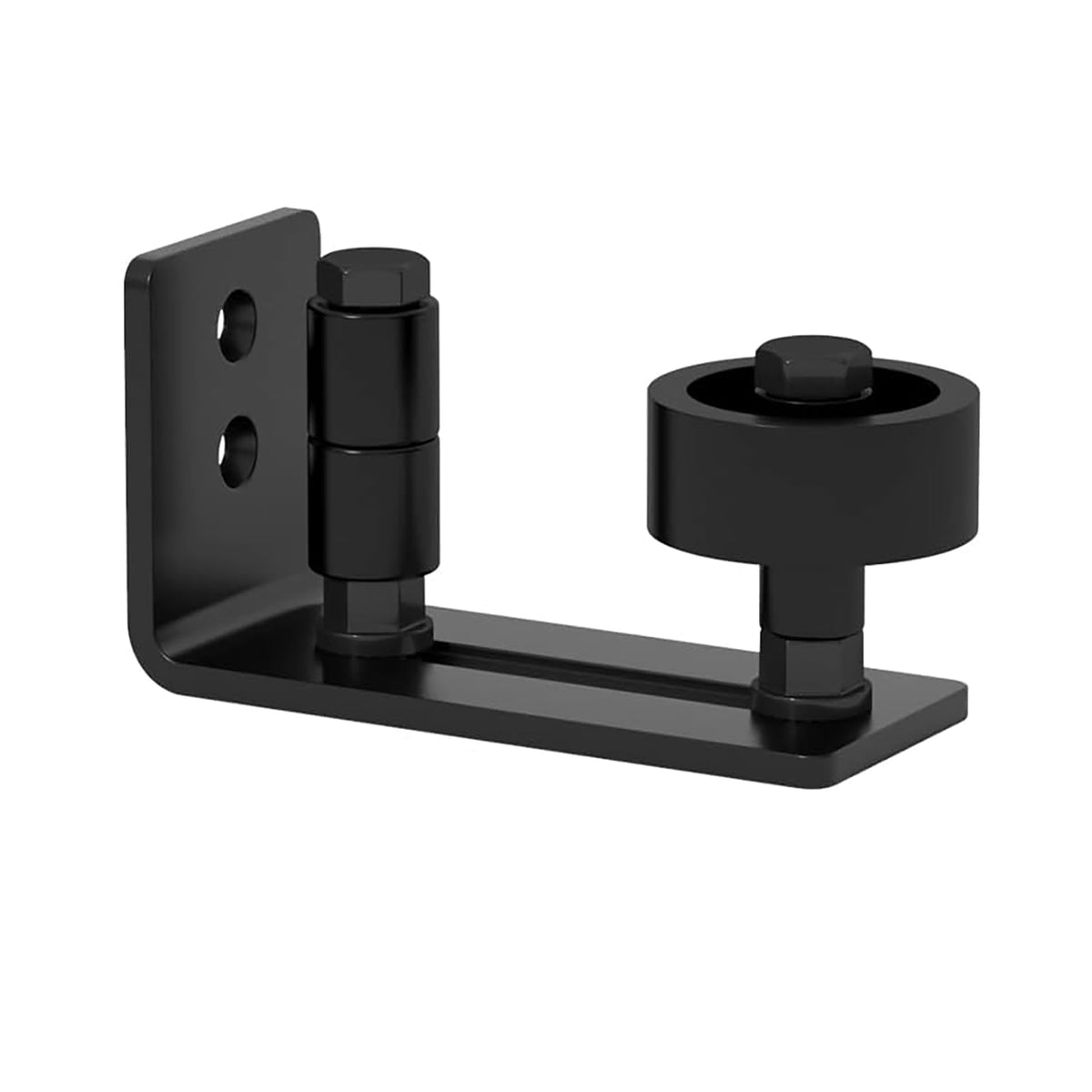 Anthony & Home J-Shape barn door hardware with wall-mount rollers and floor guide for 24-36 inch sliding doors, shown installed.