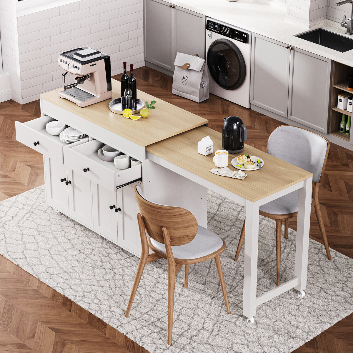 Anthony & Home Signature Maple Wood Kitchen Island with extendable table, showing the spacious and versatile design in a modern kitchen setting.