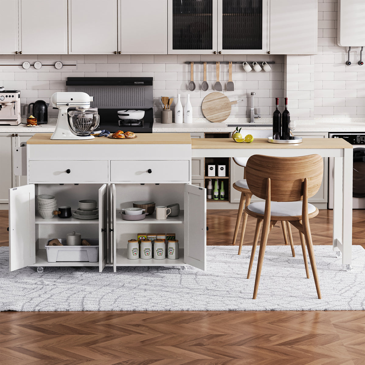 Anthony & Home Signature Maple Wood Kitchen Island with extendable table, featuring a spacious surface and storage drawers.