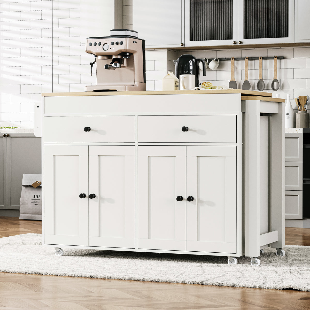 Anthony & Home maple wood kitchen island with extendable table, featuring a spacious design and natural wood finish.
