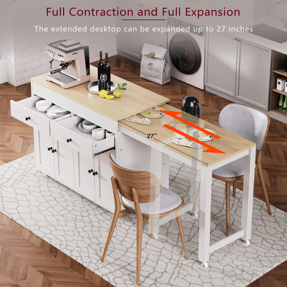 Anthony & Home signature maple wood kitchen island with extendable table, featuring a spacious surface and modern design.