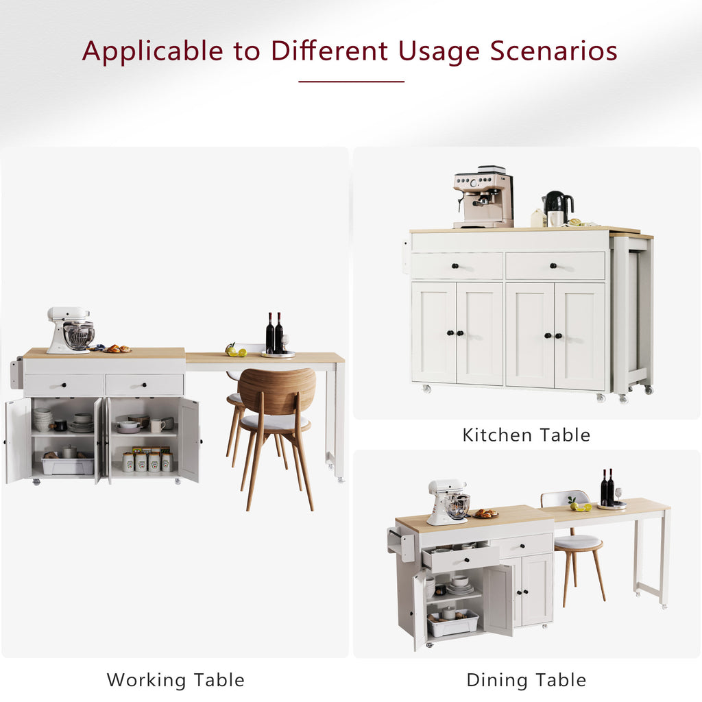 Anthony & Home signature maple wood kitchen island with extendable table, featuring a spacious surface and storage drawers.