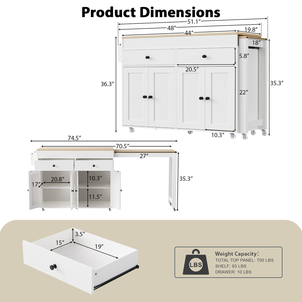 Anthony & Home signature maple wood kitchen island with extendable table, showing a spacious, versatile kitchen workspace.