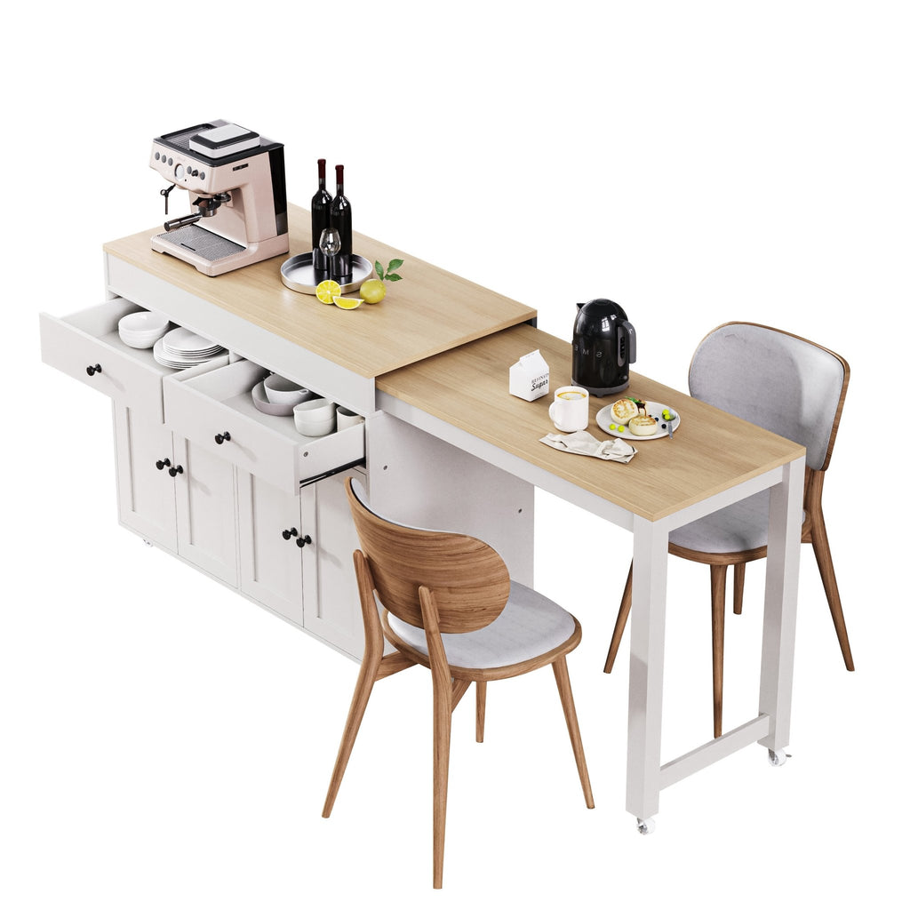 Anthony & Home Signature Maple Wood Kitchen Island with extendable table, showcasing a spacious, stylish kitchen workspace and dining area.