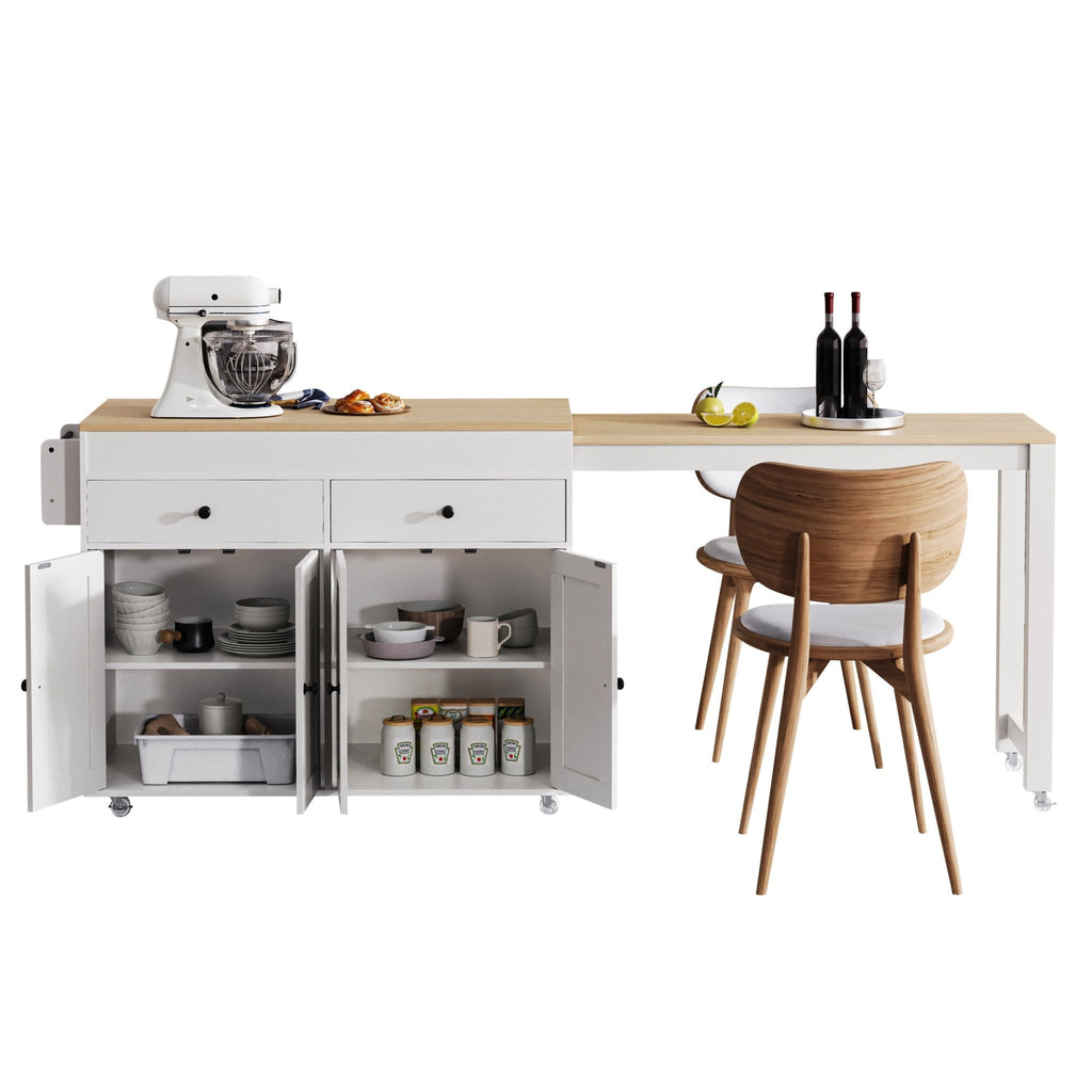Anthony & Home Signature Maple Wood Kitchen Island with Extendable Table, showing the sturdy wood surface and adjustable extension feature.
