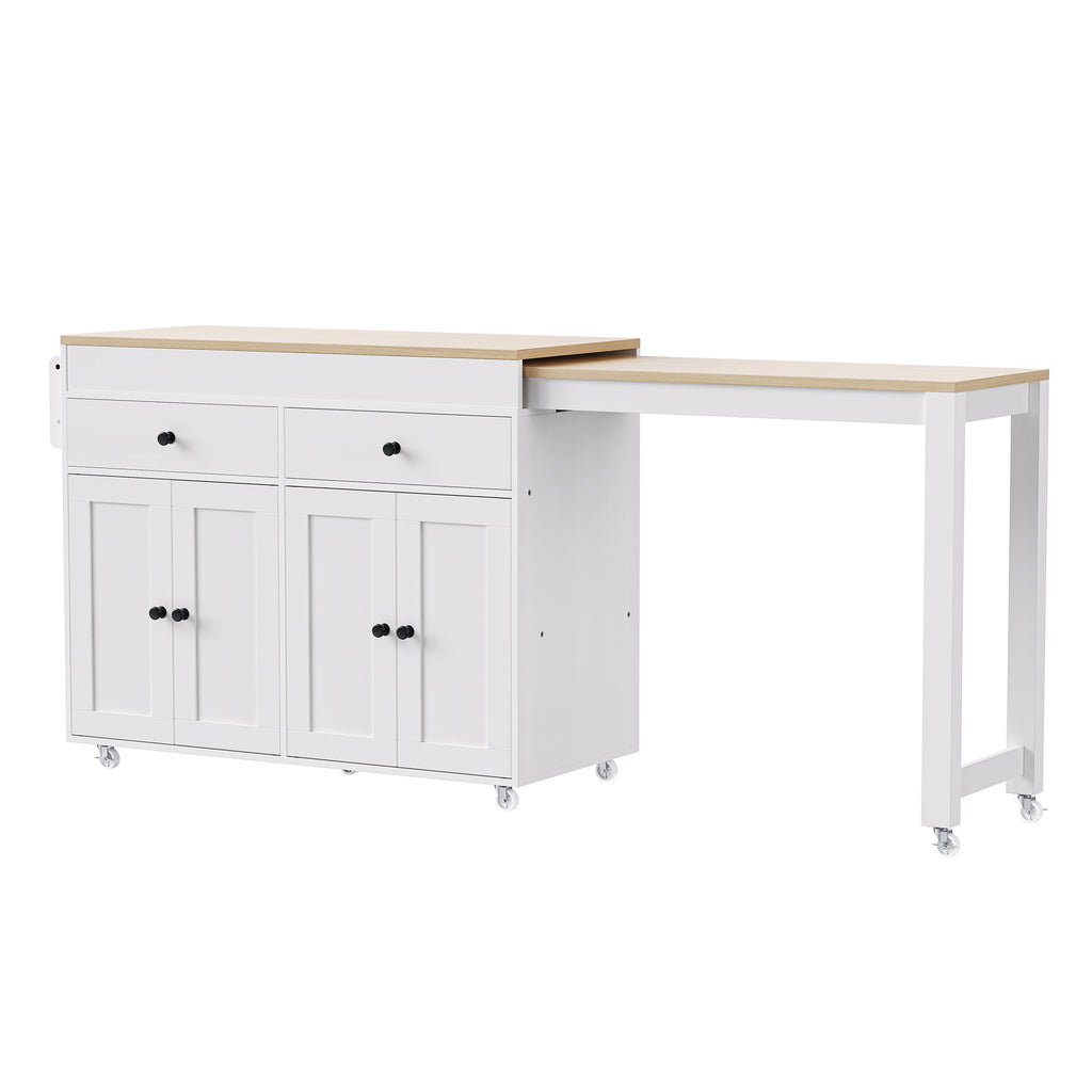 Anthony & Home signature maple wood kitchen island with extendable table, featuring a spacious countertop and sturdy storage cabinets.