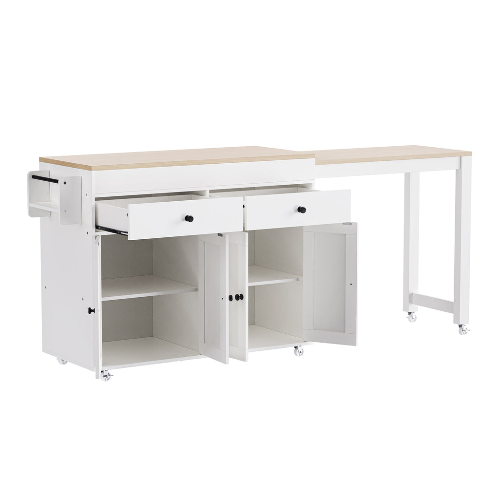 Anthony & Home signature maple wood kitchen island with extendable table, featuring a spacious surface and storage drawers.