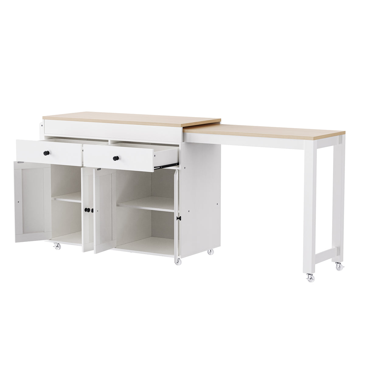 Anthony & Home Signature Maple Wood Kitchen Island with Extendable Table, showing a stylish kitchen workspace with storage and surface area.