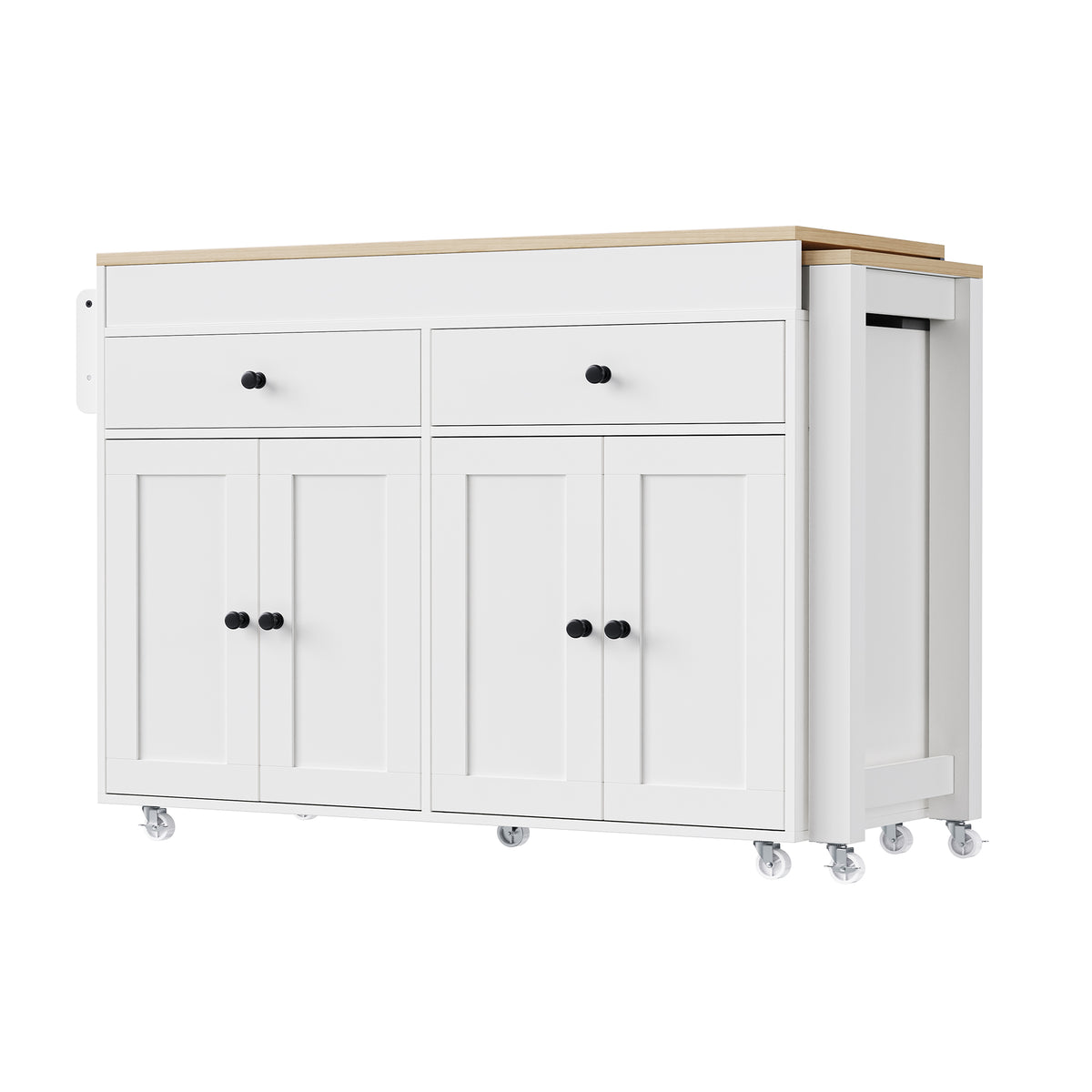 Anthony & Home signature maple wood kitchen island with extendable table, featuring a spacious surface and sturdy storage options.