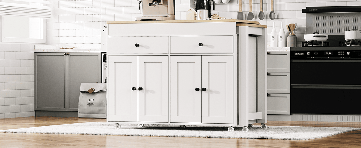 Anthony & Home Signature Maple Wood Kitchen Island with extendable table, showcasing a spacious, stylish kitchen workspace.