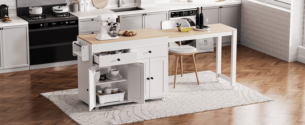 Anthony & Home Signature Maple Wood Kitchen Island with extendable table, featuring a spacious surface and modern design.
