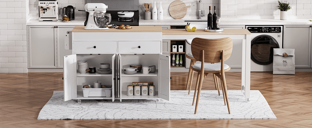 Anthony & Home maple wood kitchen island with extendable table, featuring a spacious surface and modern design for versatile kitchen use.