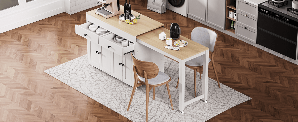 Anthony & Home Signature Maple Wood Kitchen Island with Extendable Table, showcasing the sleek wooden surface and extendable feature.