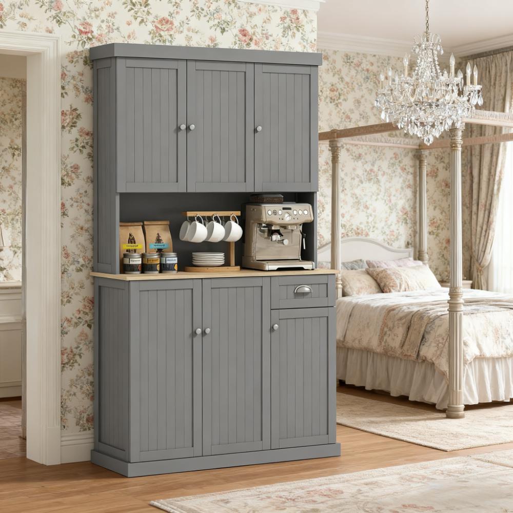 Anthony & Home modern farmhouse kitchen buffet with microwave niche, cupboards, and matte finish, showcasing a spacious and stylish design.
