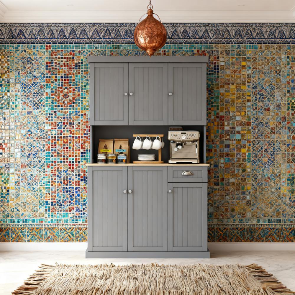 Anthony & Home modern farmhouse kitchen buffet with matte finish, featuring microwave niche and cupboard storage.
