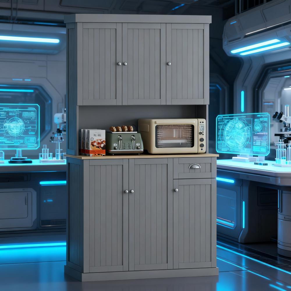 Anthony & Home modern farmhouse kitchen buffet with microwave niche, cupboard, and matte finish, showcasing sleek, functional storage.