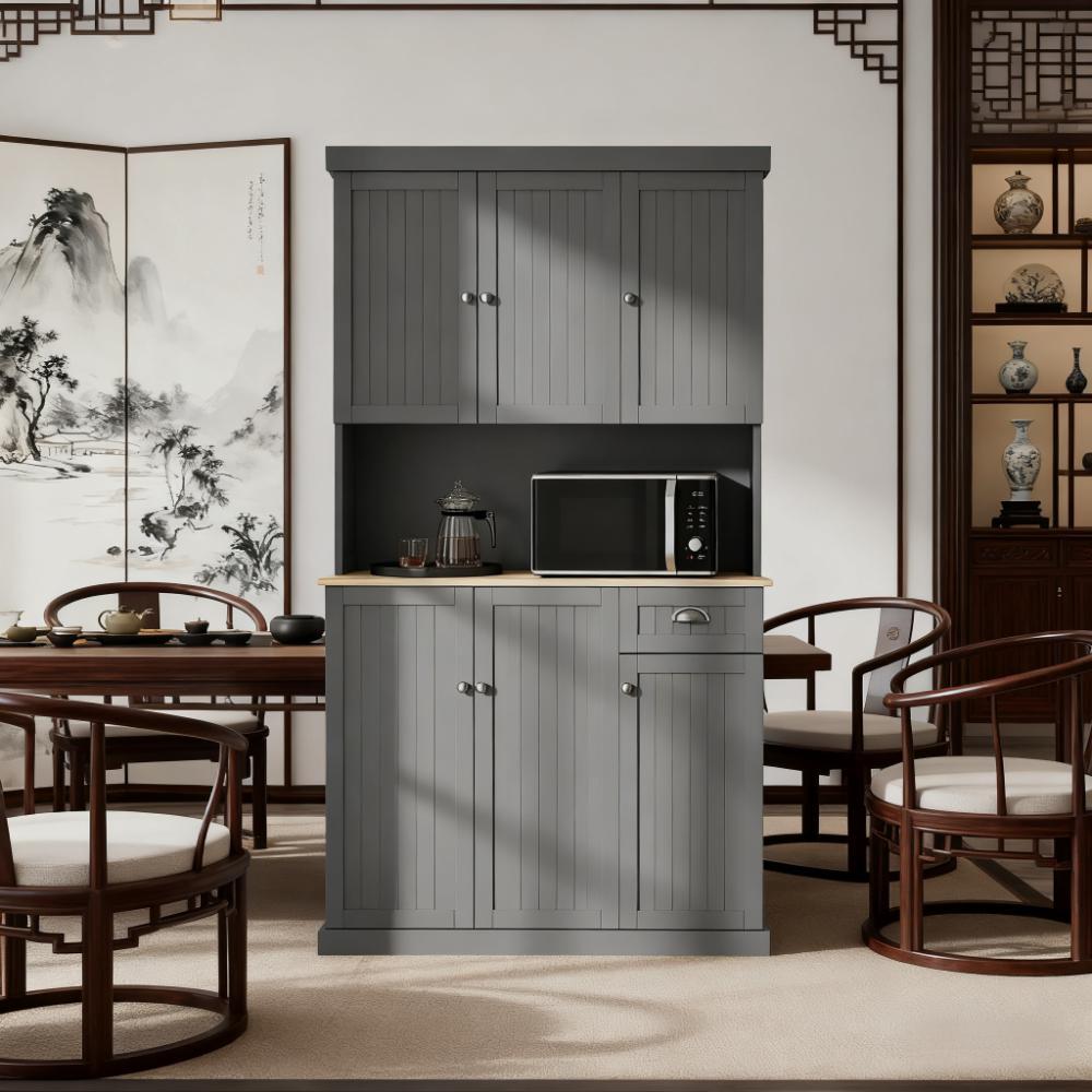Anthony & Home modern farmhouse kitchen buffet with microwave niche, cupboards, and matte finish, showcasing a stylish storage solution.