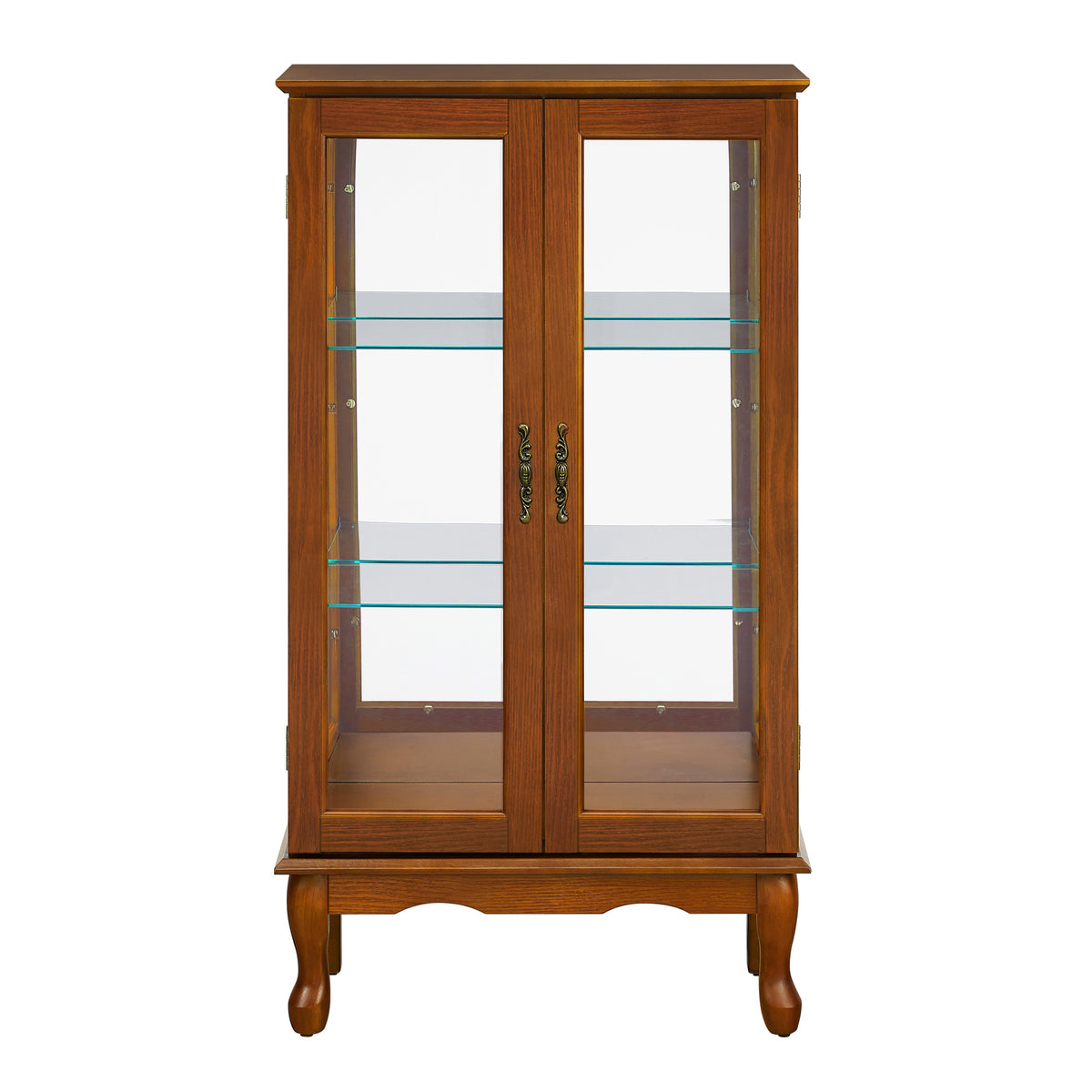Anthony & Home signature oak finish lighted curio cabinet with mirrored back and tempered glass doors, 3-tier display.