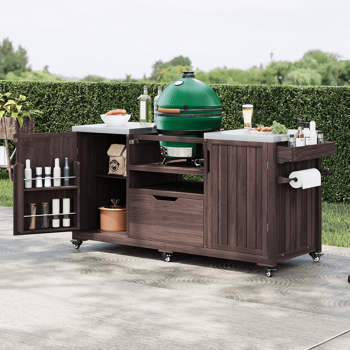 Anthony & Home outdoor kitchen island with stainless steel top and built-in storage for outdoor cooking and entertaining.