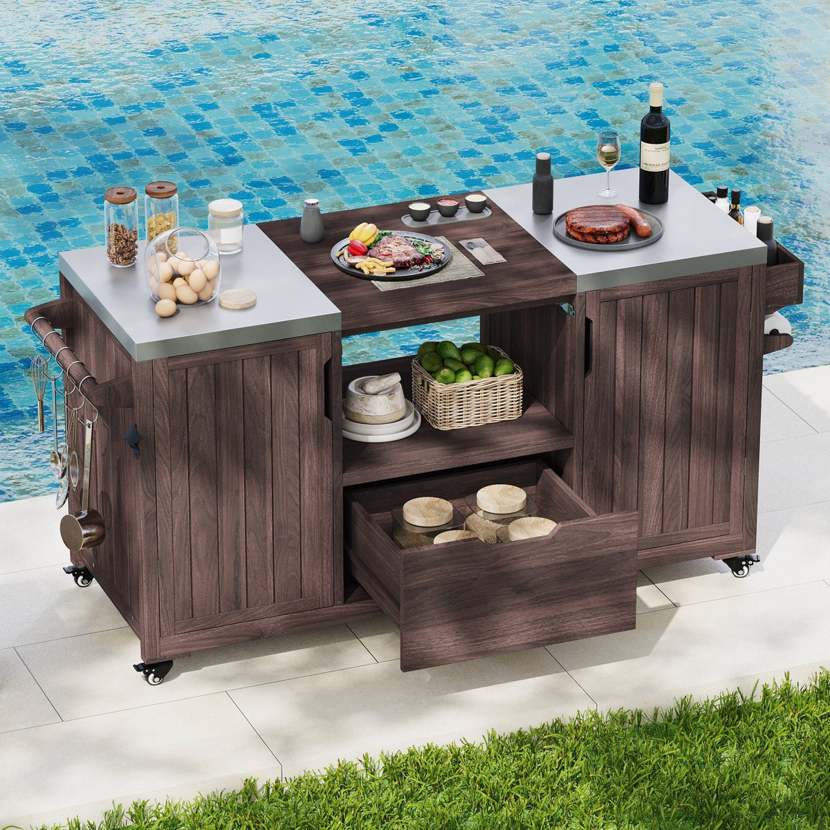 Anthony & Home outdoor kitchen island with stainless steel top, featuring a spacious design for outdoor cooking and entertaining.