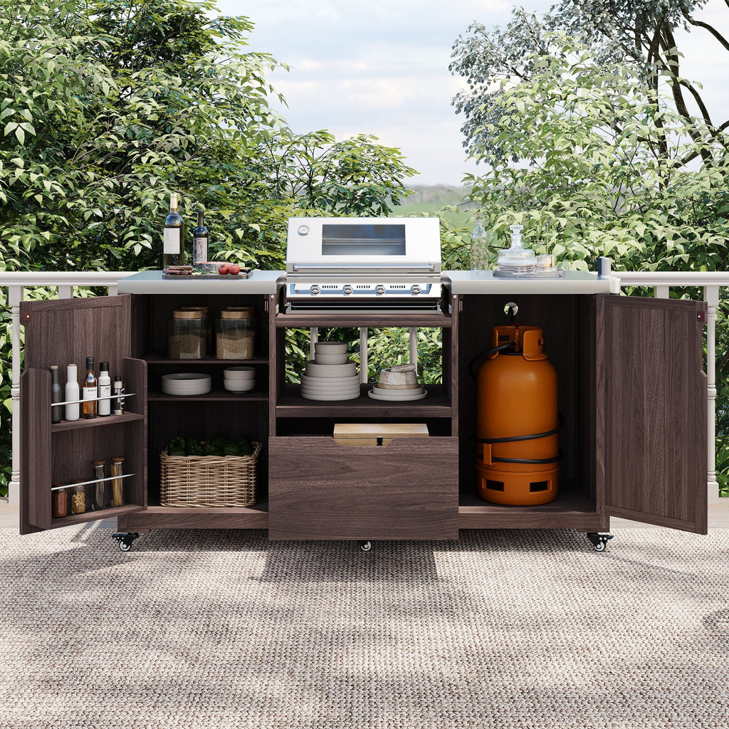 Anthony & Home outdoor kitchen island with stainless steel top, featuring built-in countertops and storage for outdoor cooking.