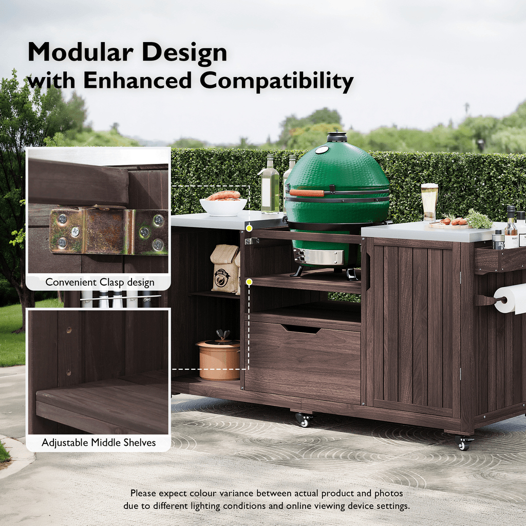 Anthony & Home Signature outdoor kitchen island with stainless steel top, featuring built-in counter space and outdoor cooking area.