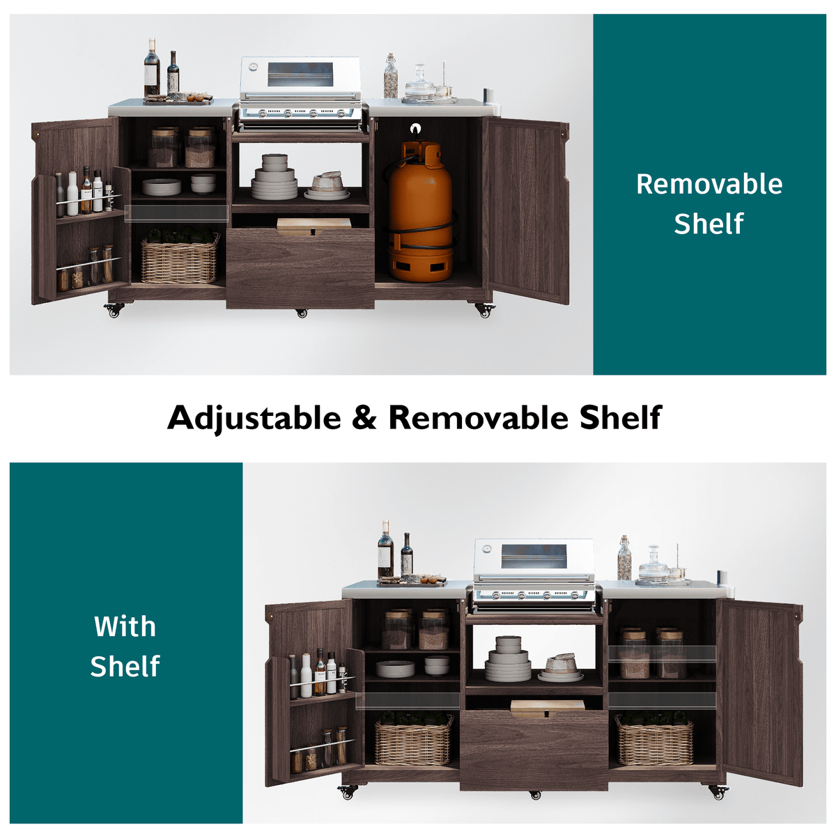 Anthony & Home Signature outdoor kitchen island with stainless steel top, featuring a spacious cooking and prep area.