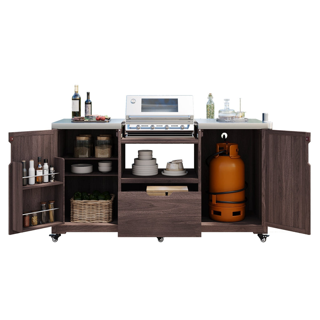 Anthony & Home outdoor kitchen island with stainless steel top, featuring built-in counter space and storage for outdoor cooking.