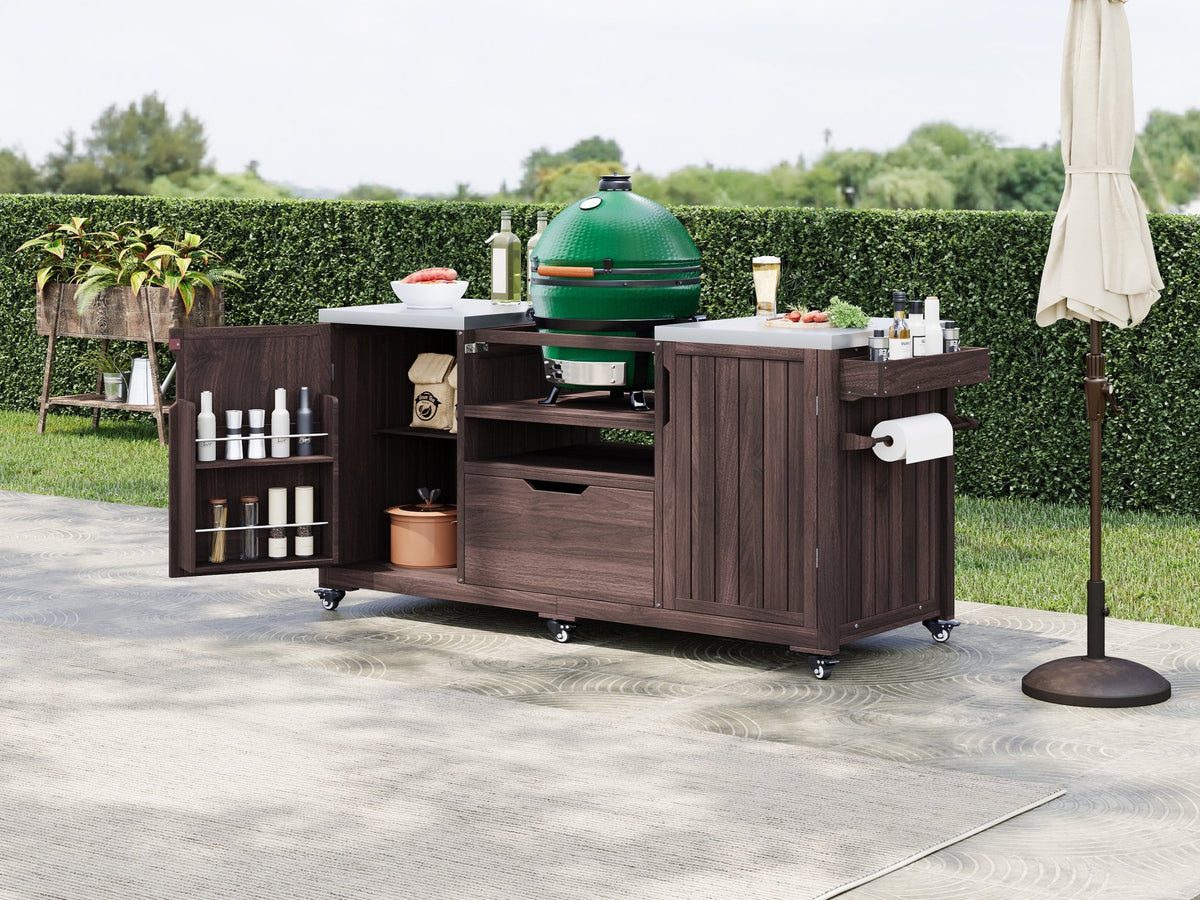 Anthony & Home outdoor kitchen island with stainless steel top, featuring built-in prep space and storage in a modern outdoor setting.