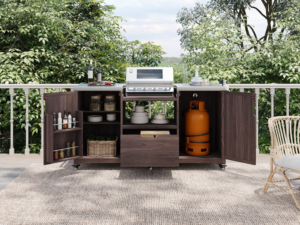 Anthony & Home outdoor kitchen island with stainless steel top, featuring a sturdy structure and ample workspace for outdoor cooking.