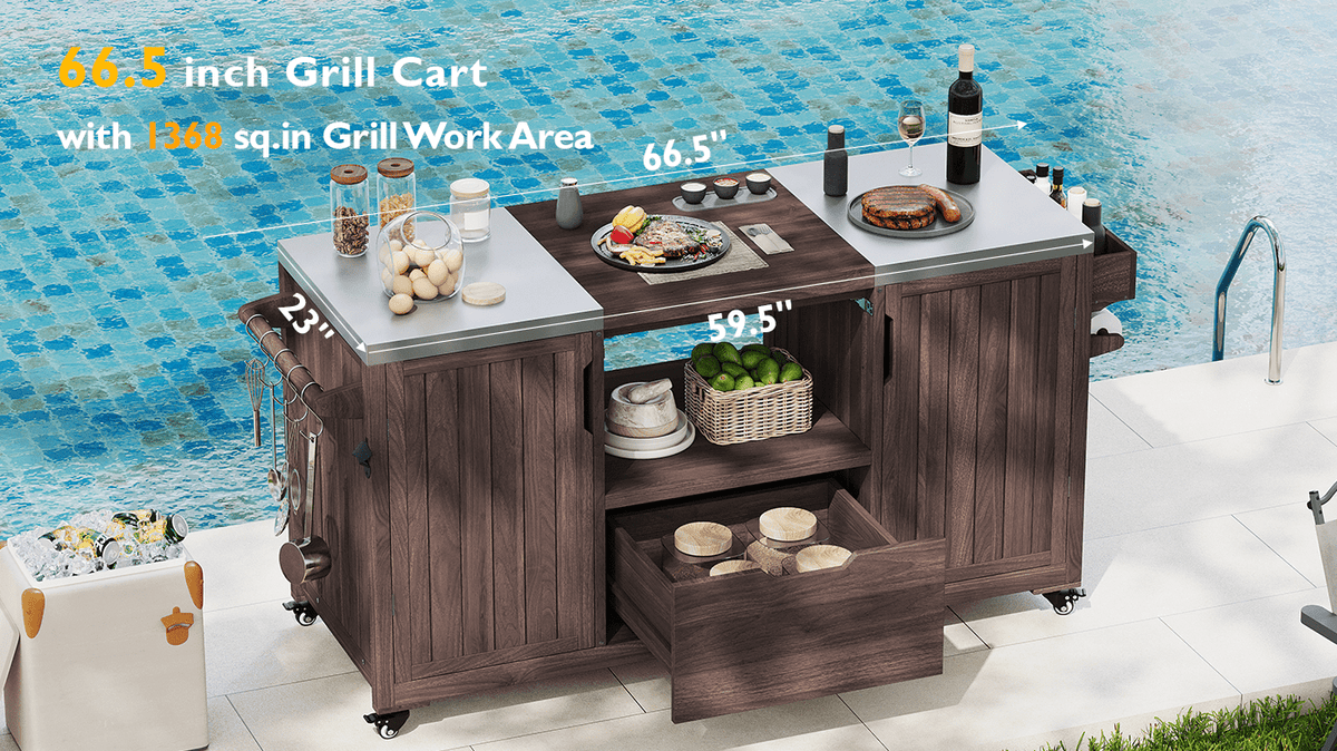 Anthony & Home outdoor kitchen island with stainless steel top, featuring built-in prep area and storage cabinets for outdoor cooking.