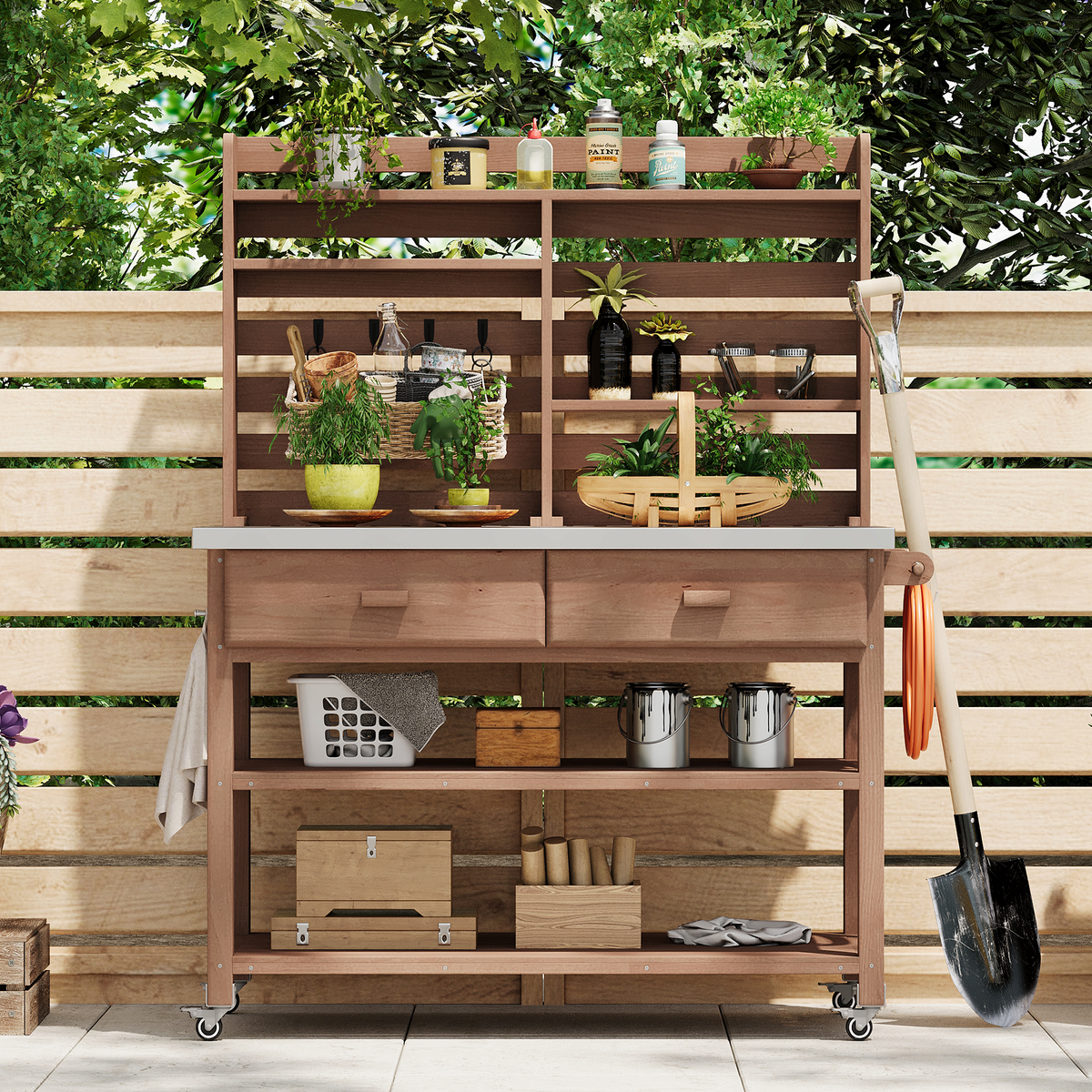 Anthony & Home Signature outdoor potting bench with stainless steel top, featuring a sturdy wooden frame and ample workspace.
