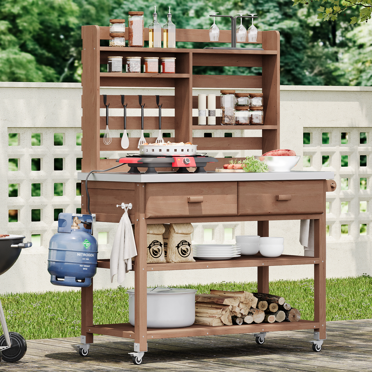 Anthony & Home outdoor potting bench with stainless steel top, featuring a sturdy structure and ample workspace for gardening tasks.