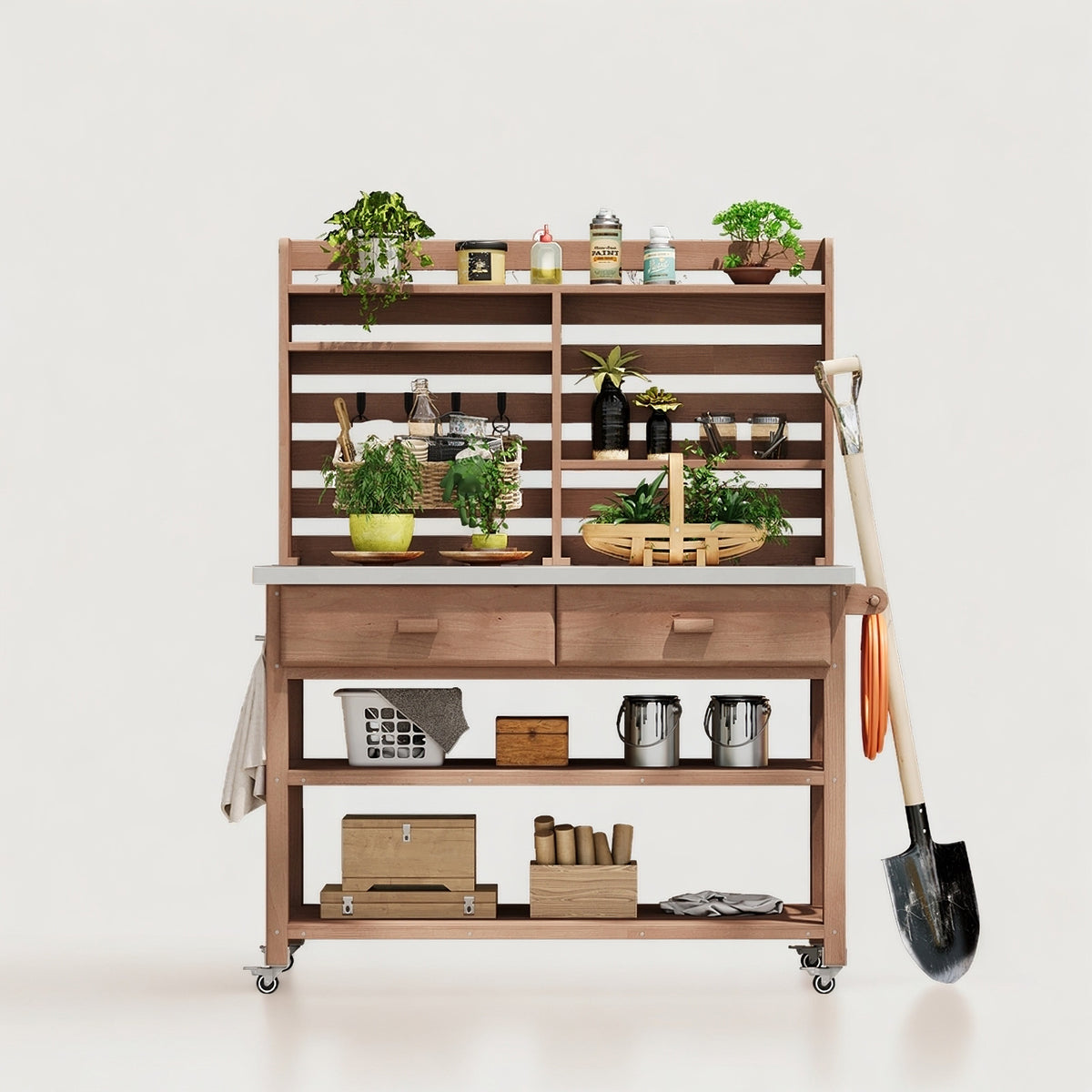 Anthony & Home outdoor potting bench with stainless steel top, featuring ample workspace and gardening storage.