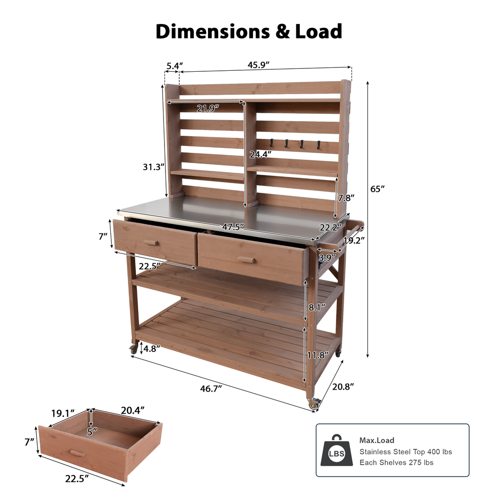 Anthony & Home outdoor potting bench with stainless steel top, featuring a sturdy wooden frame and ample workspace for gardening tasks.