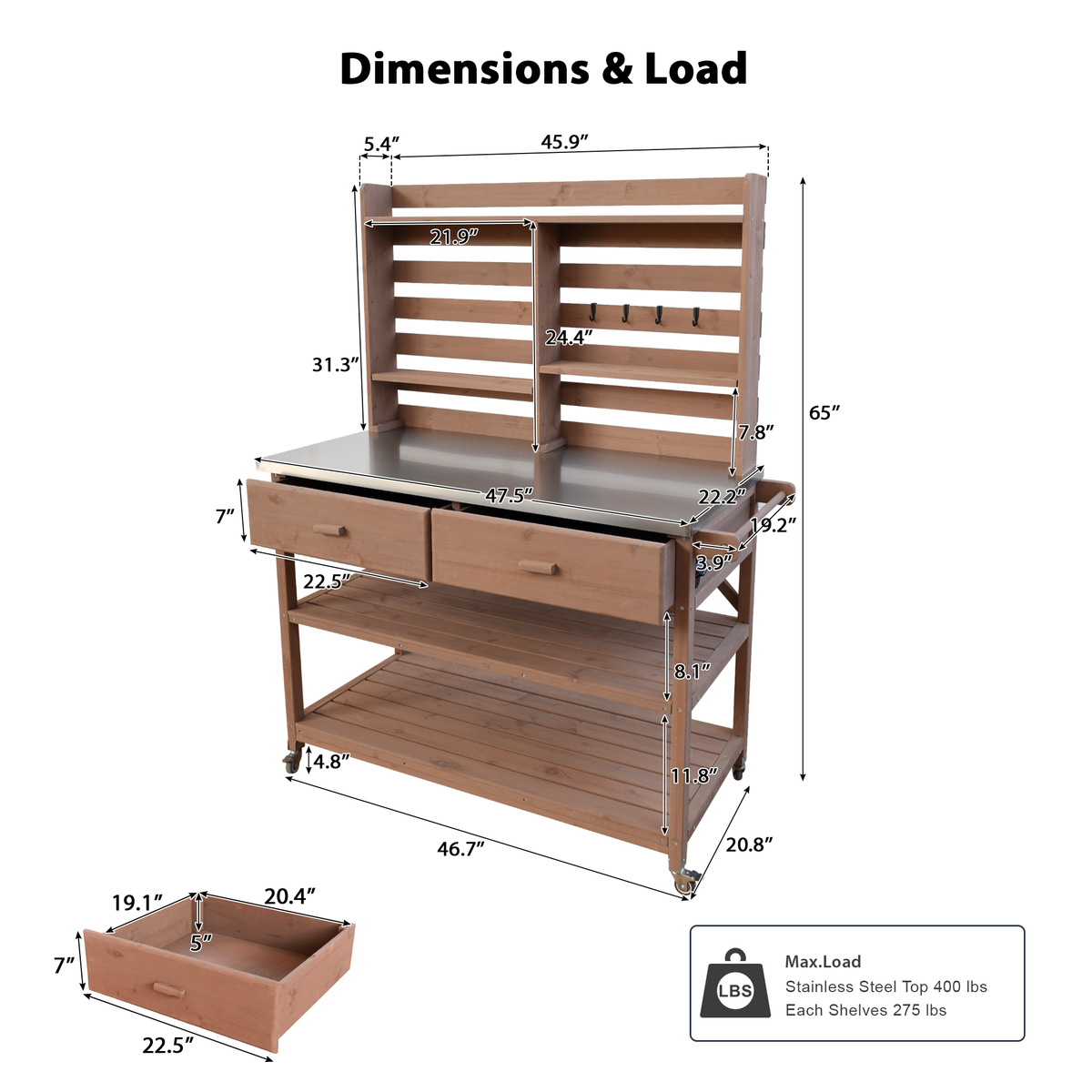 Anthony & Home outdoor potting bench with stainless steel top, featuring a sturdy wooden frame and ample workspace for gardening tasks.