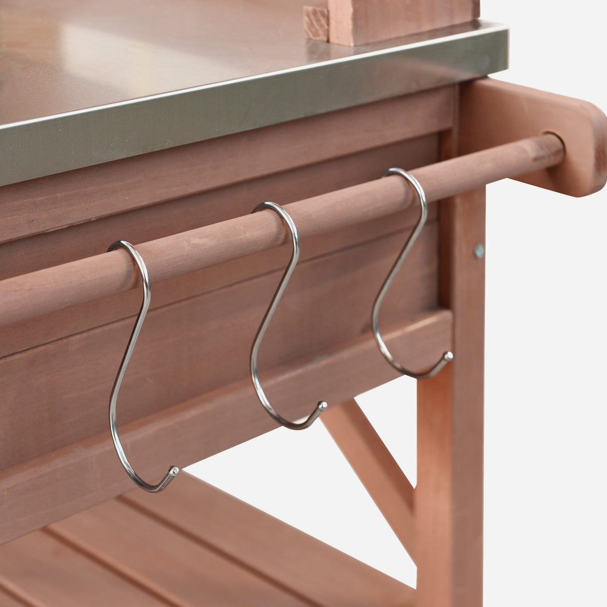 Anthony & Home outdoor potting bench with stainless steel top, featuring a sturdy wooden frame and ample workspace.