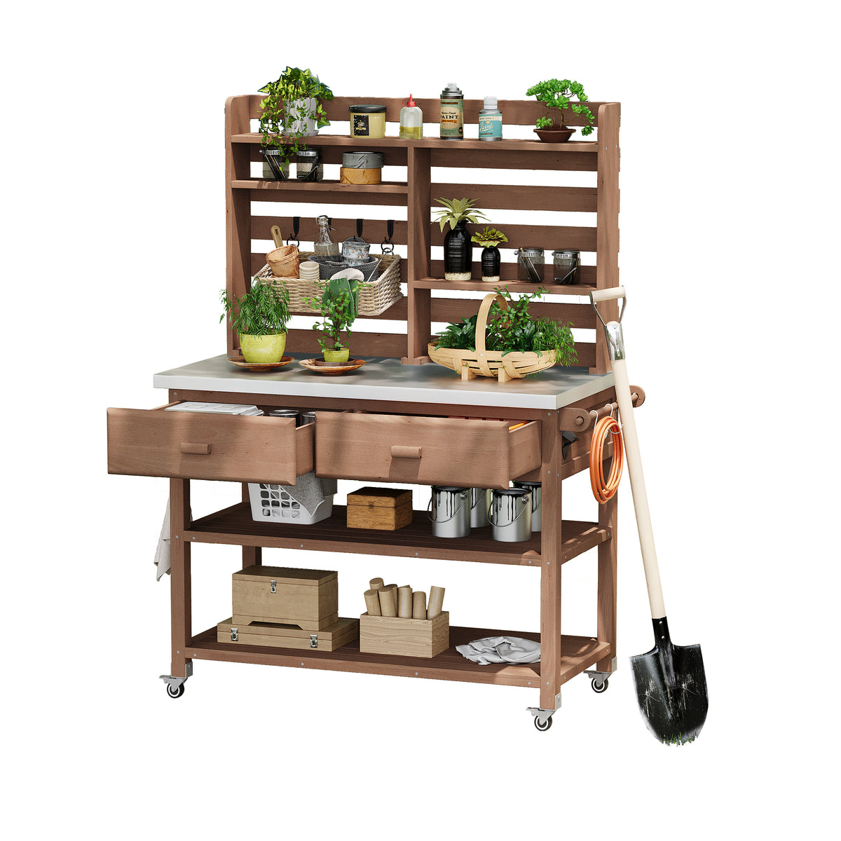 Anthony & Home outdoor potting bench with stainless steel top, featuring storage shelves and workspace in a garden setting.