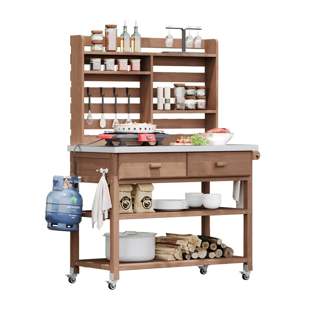 Anthony & Home signature outdoor potting bench with stainless steel top, sturdy wooden frame, and gardening workspace.