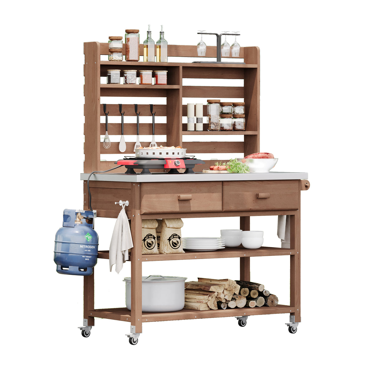 Anthony & Home signature outdoor potting bench with stainless steel top, sturdy wooden frame, and gardening workspace.