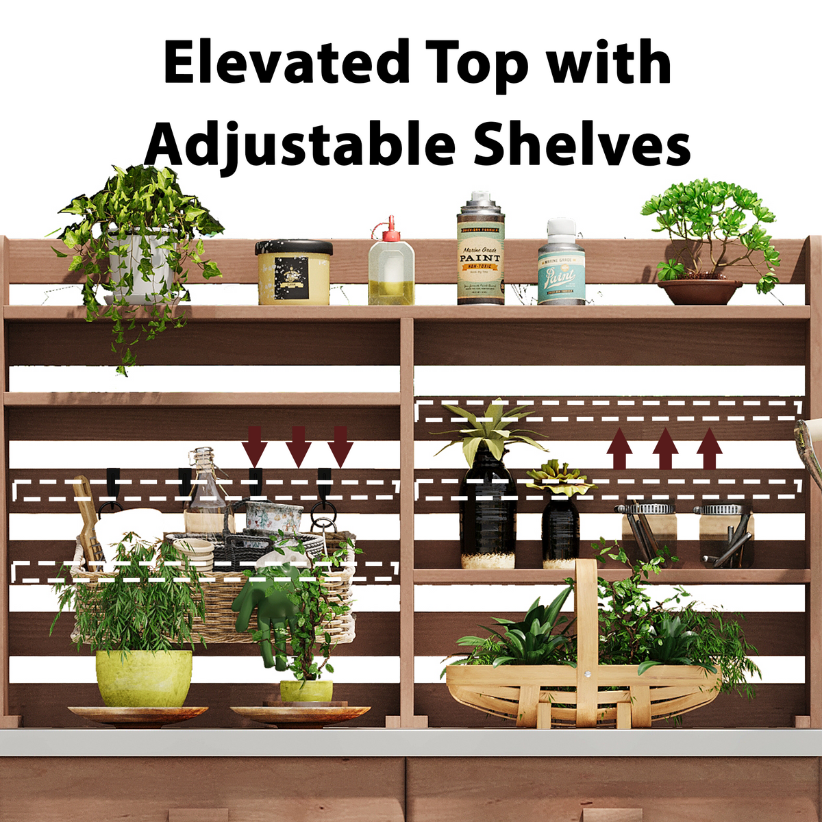 Anthony & Home outdoor potting bench with stainless steel top, featuring a sturdy wooden frame and spacious workspace for gardening.