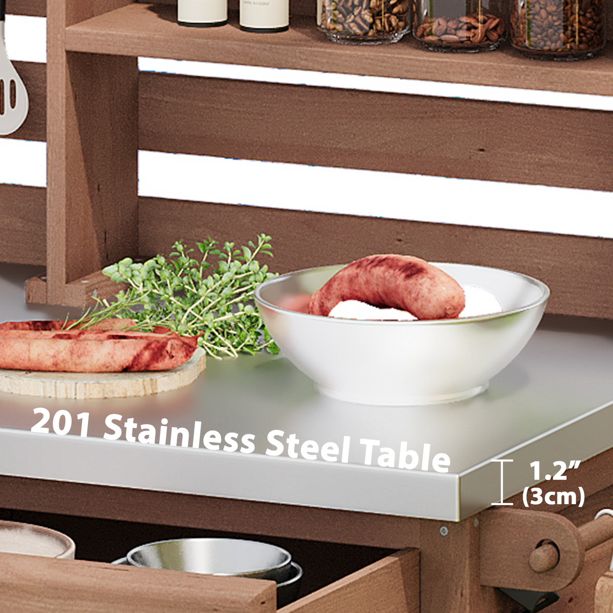 Anthony & Home outdoor potting bench with stainless steel top, featuring a sturdy wooden frame and ample workspace for gardening tasks.