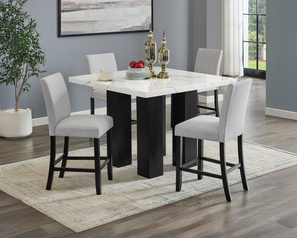 Solid wood counter height dining set by Anthony & Home with four chairs and a rectangular table in a rustic finish.