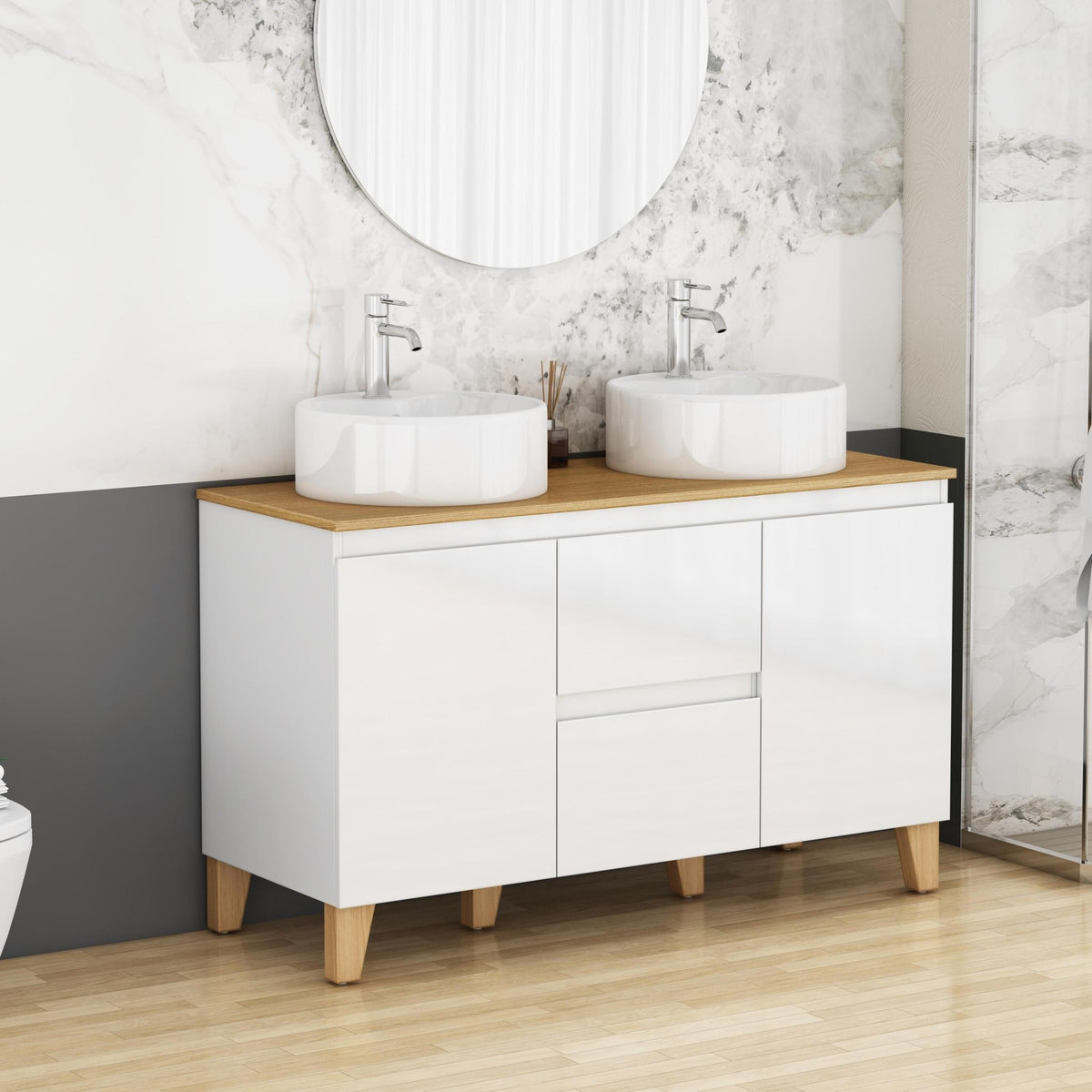 Anthony & Home Signature solid wood top double basin vanity with glossy white finish, featuring two spacious sinks and modern design.
