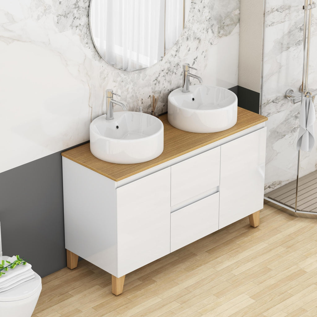 Anthony & Home Signature solid wood top double basin vanity with glossy white finish and modern design, featuring two spacious sinks.