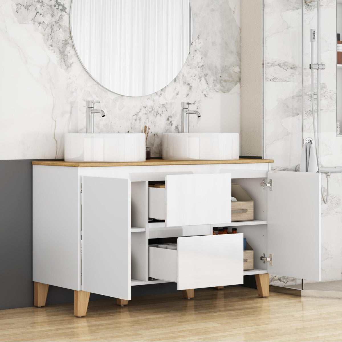 Anthony & Home Signature solid wood top double basin vanity with glossy white finish, showcasing sleek modern bathroom design.
