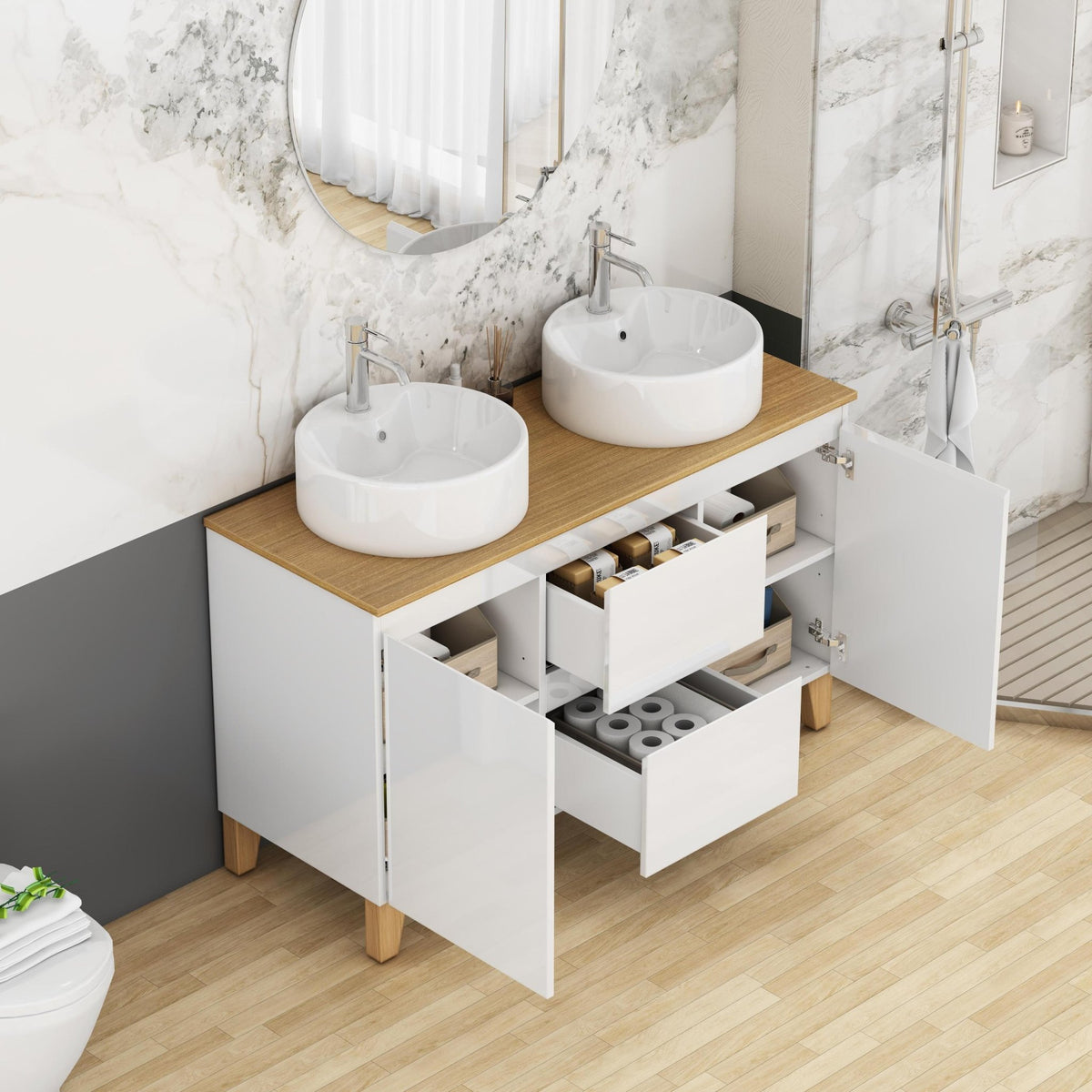 Anthony & Home signature solid wood top double basin vanity with glossy white finish, featuring two spacious sinks and elegant design.
