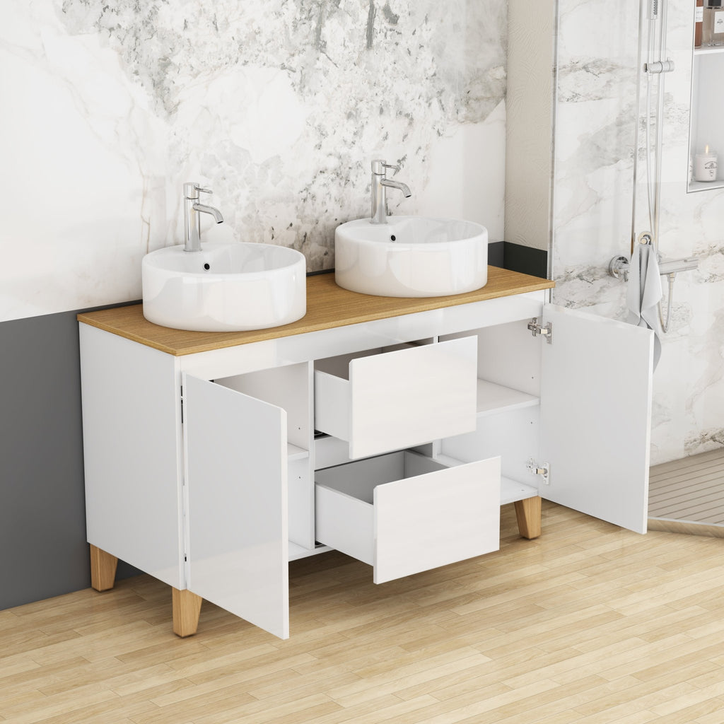 Anthony & Home Signature Solid Wood Top Double Basin Vanity in glossy white with two sinks and modern design.